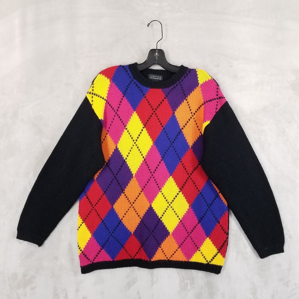 Vtg Limited Sweater Women XS Argyle Wool Oversized Crew Golf Preppy Academia